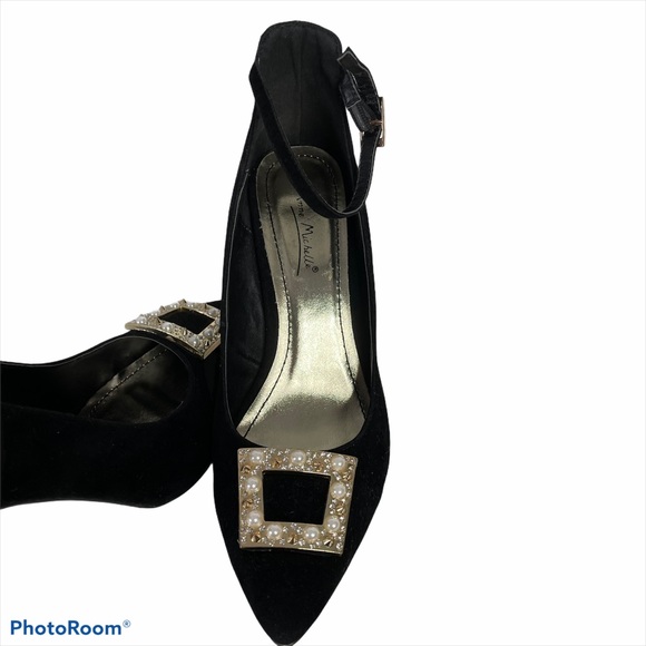 Anne Michelle Heels Black Faux Suede Pearl Buckle 7-1/2 - Picture 8 of 15